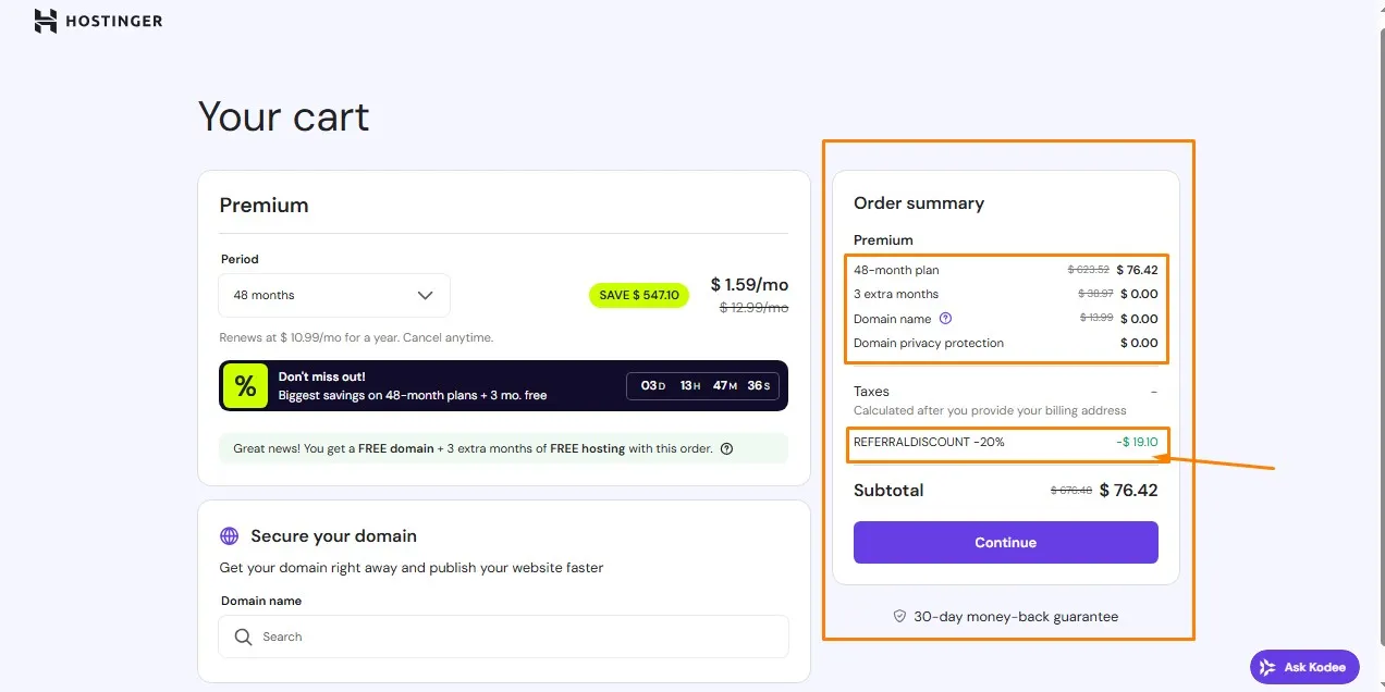 Hostinger plan duration and other details