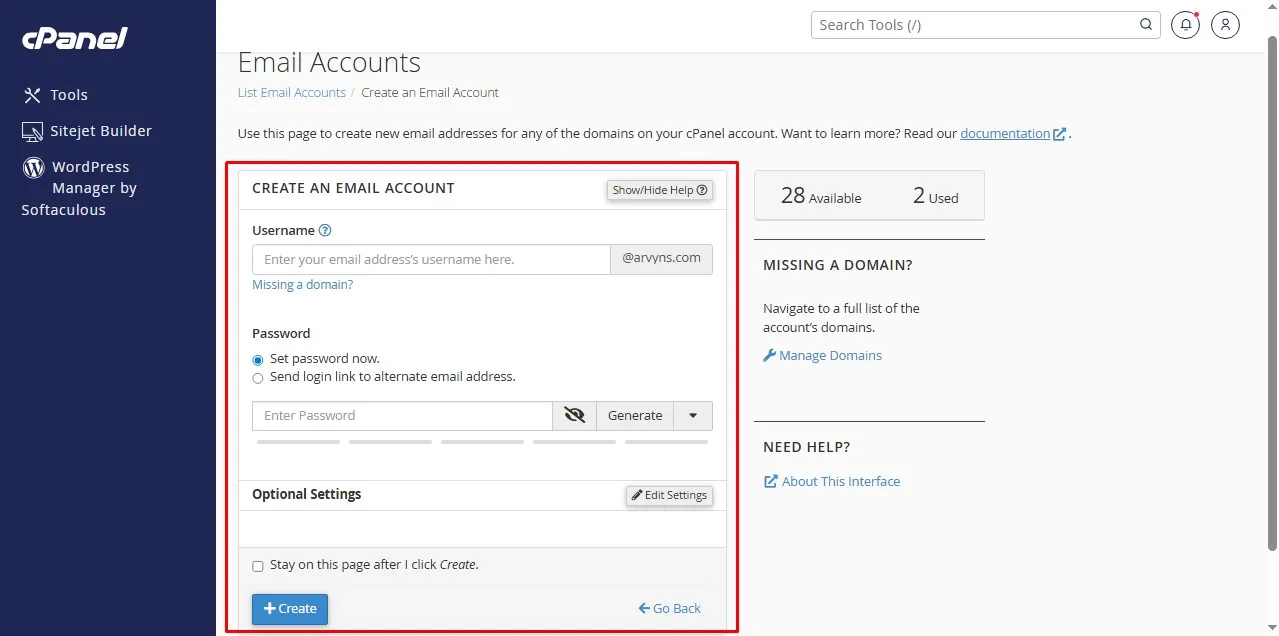 Fill in your details to create the email in cPanel