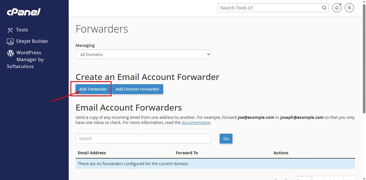 add forwarder in cPanel