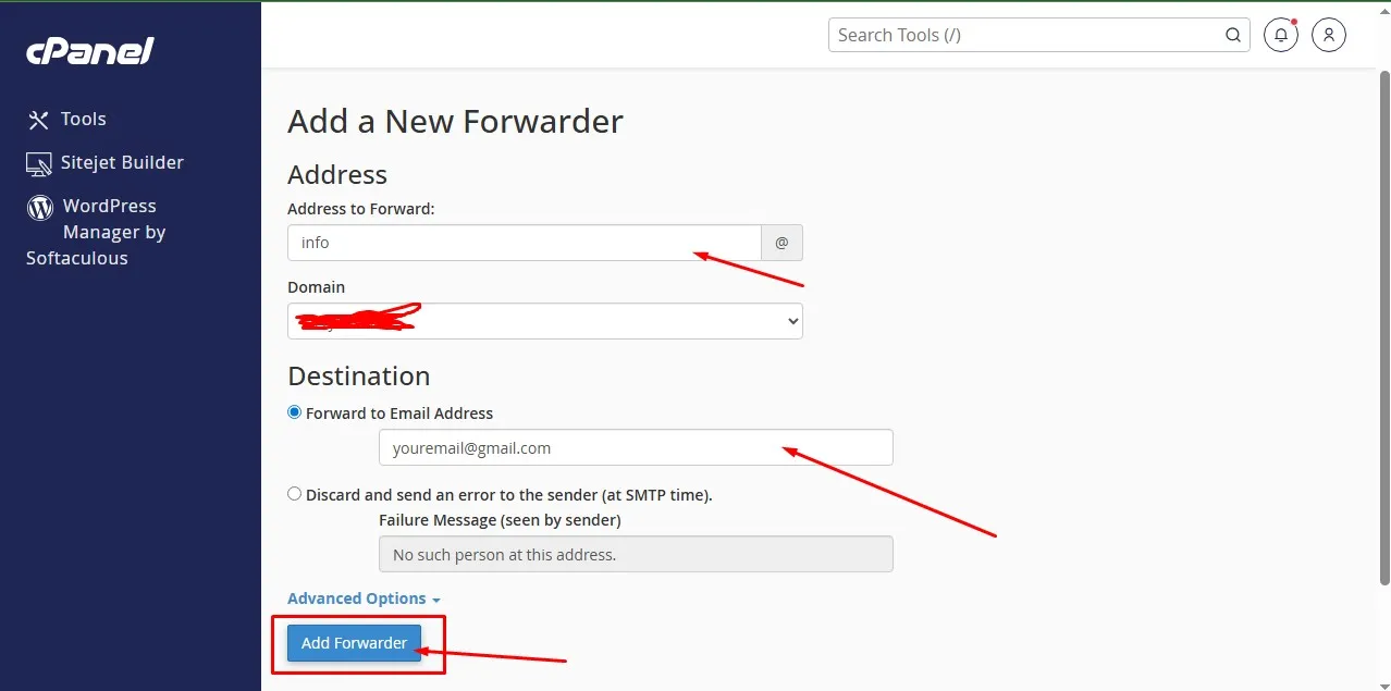 Enter your custom email and Gmail in forwarder cPanel