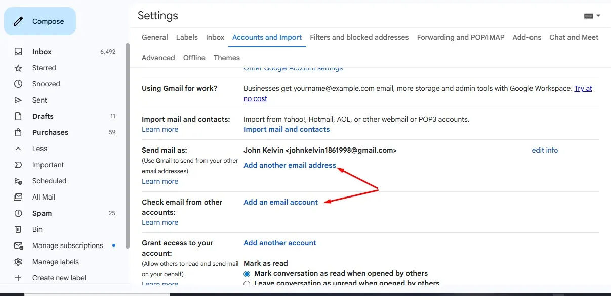 add emails in account and import in Gmail