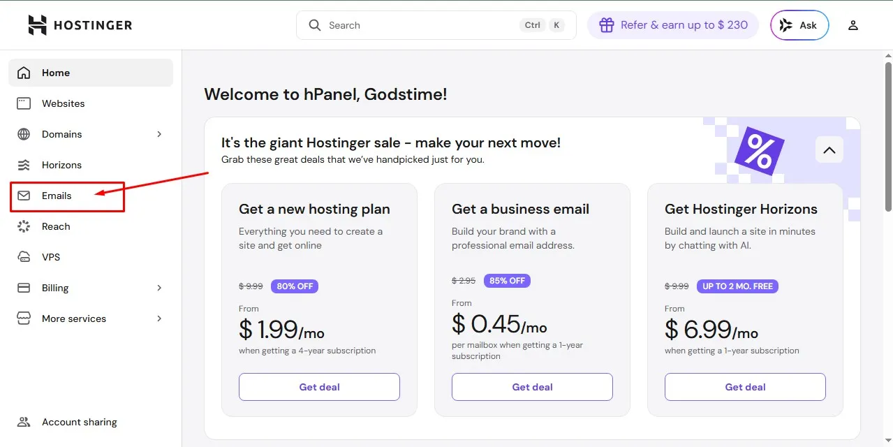 Go to your email section in Hostinger