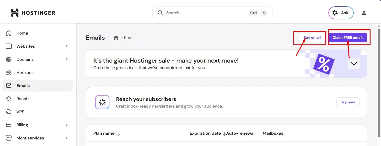 click buy or claim to get a new email in hostinger