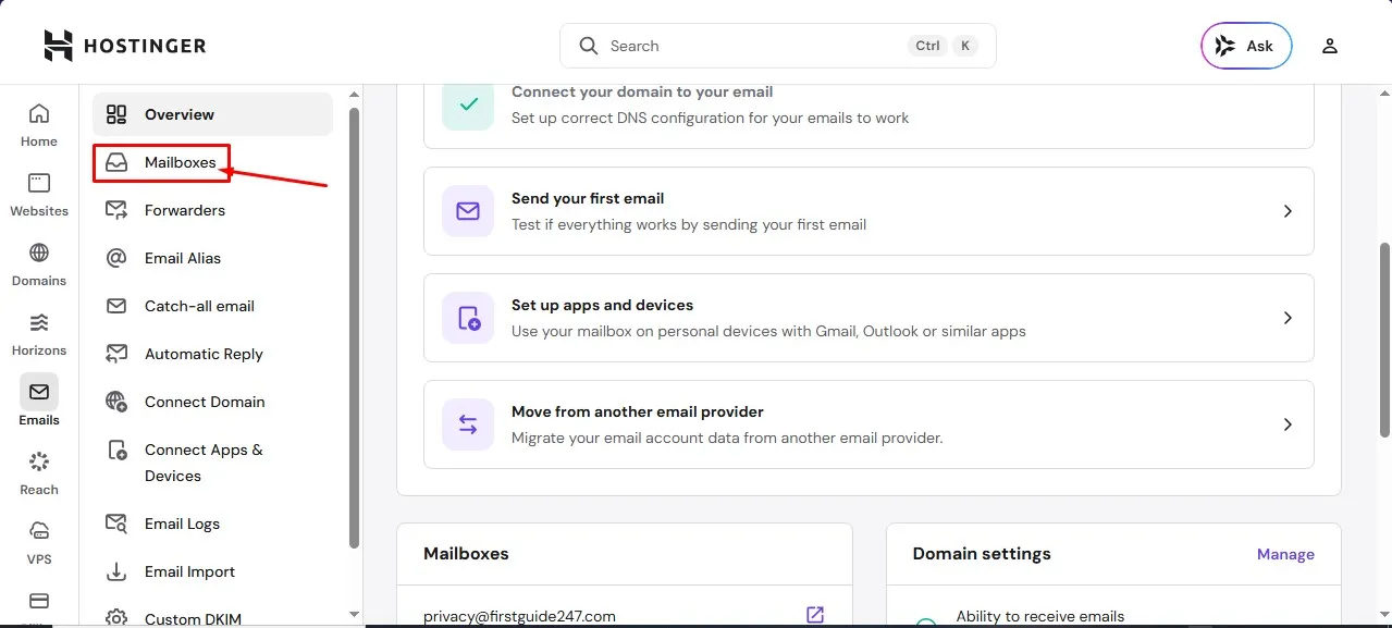Go to mailboxes in Hostinger