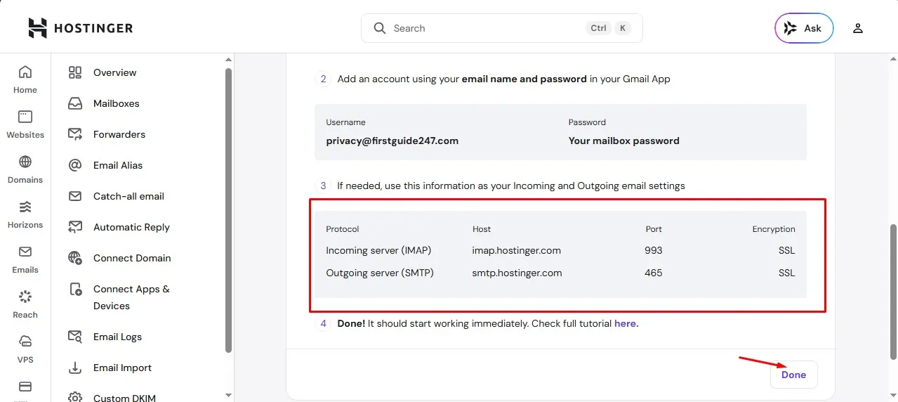 The details you need to connect your custom email to your Gmail
