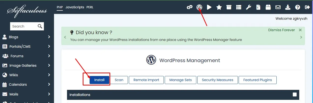 Softaculous Apps Installer dashboard
