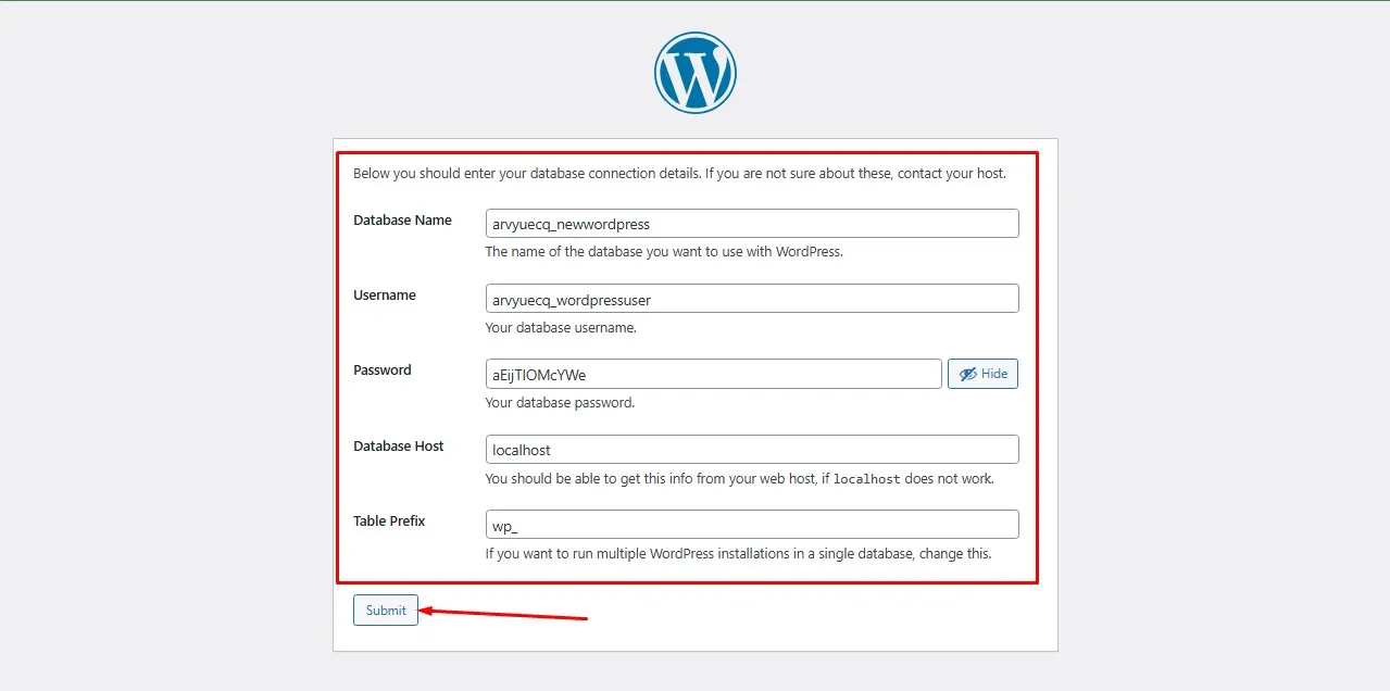 WordPress Setup screen