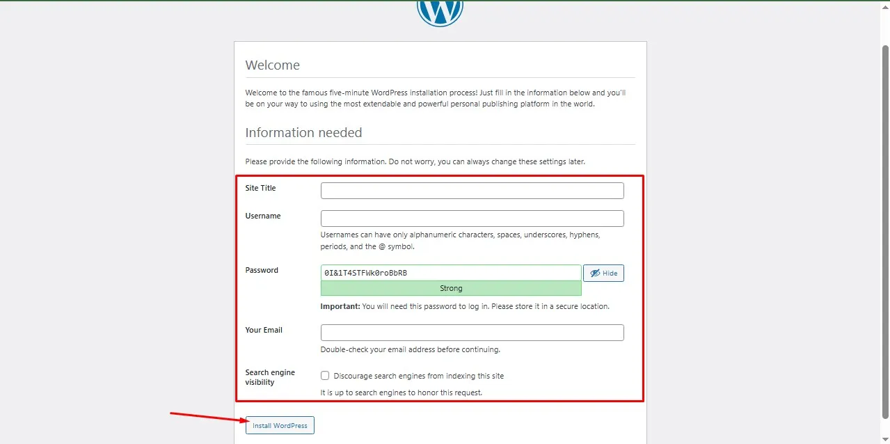 Fill in WordPress admin login details