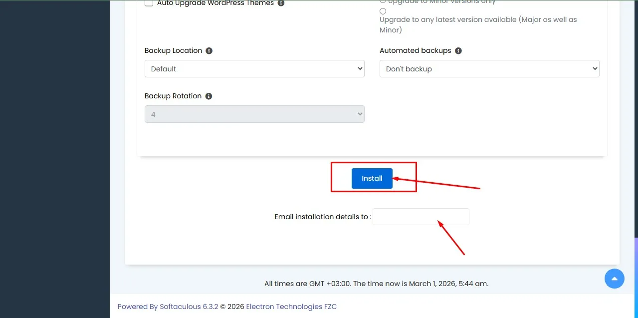 WordPress Install button
