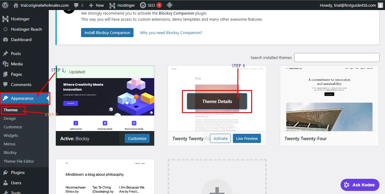 Hostinger WordPress Appearance themes section