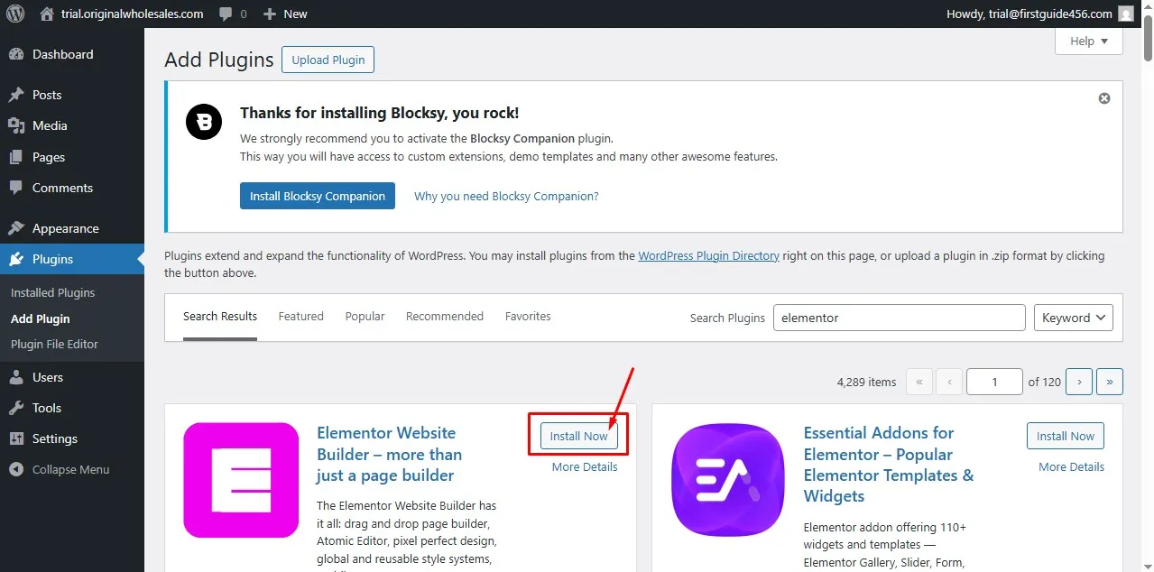 Search Elementor in WordPress Plugin directory