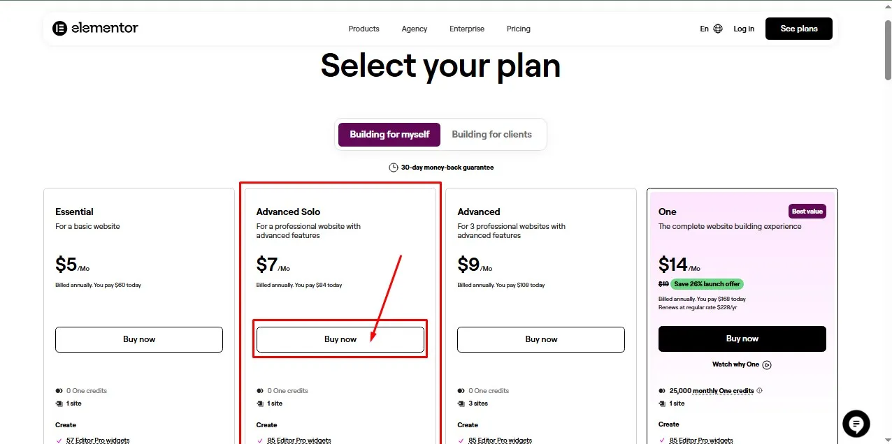 Elementor Pro Pricing page